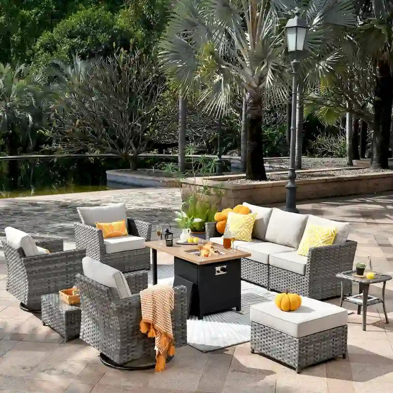 XIZZI 10-piece Outdoor Patio Furniture Rattan Wicker Conversation Sofa Set with Fire Pit