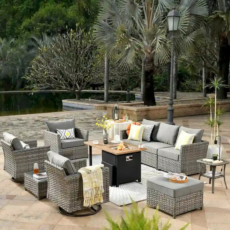 XIZZI 10-piece Outdoor Patio Furniture Rattan Wicker Conversation Sofa Set with Fire Pit