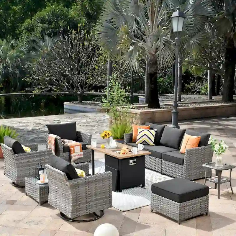 XIZZI 10-piece Outdoor Patio Furniture Rattan Wicker Conversation Sofa Set with Fire Pit