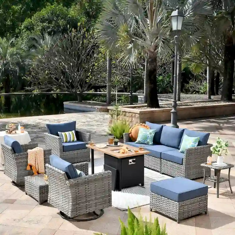XIZZI 10-piece Outdoor Patio Furniture Rattan Wicker Conversation Sofa Set with Fire Pit