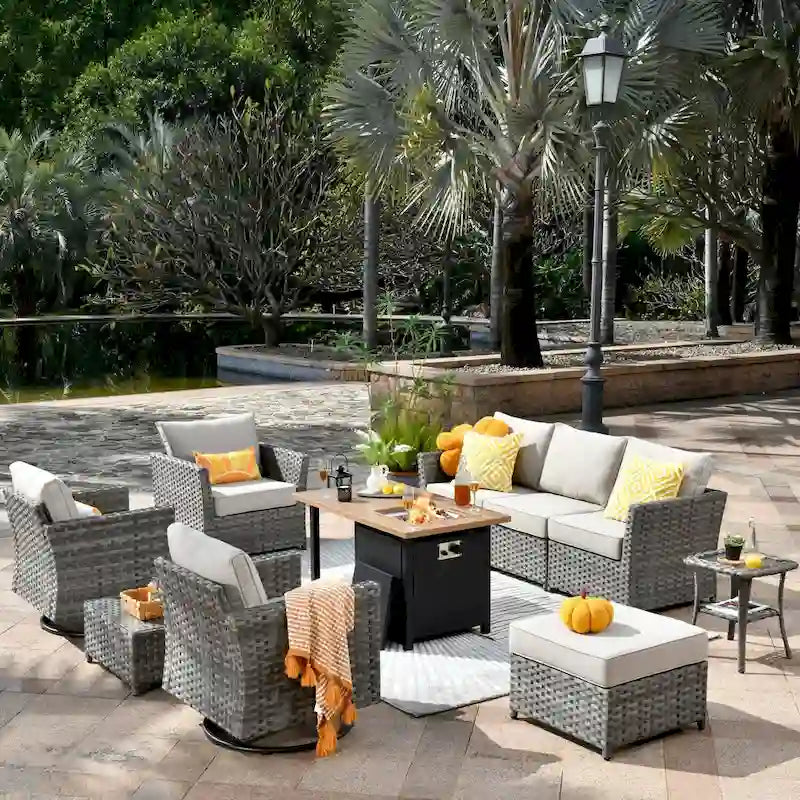 XIZZI 10-piece Outdoor Patio Furniture Rattan Wicker Conversation Sofa Set with Fire Pit
