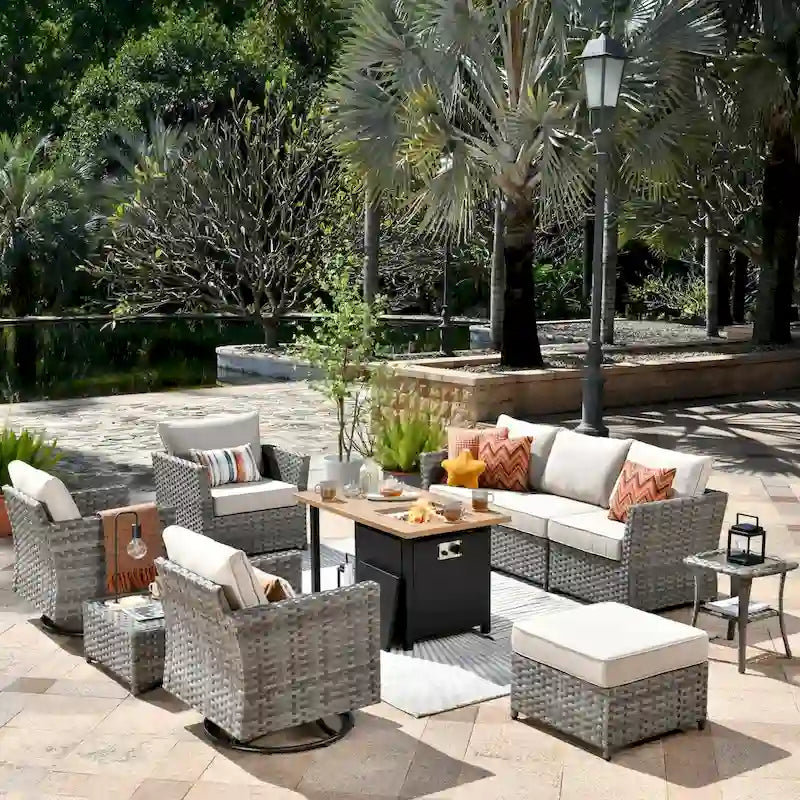 XIZZI 10-piece Outdoor Patio Furniture Rattan Wicker Conversation Sofa Set with Fire Pit