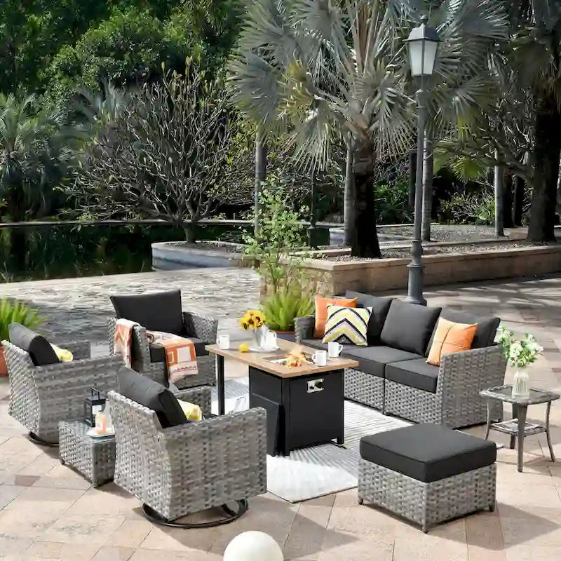 XIZZI 10-piece Outdoor Patio Furniture Rattan Wicker Conversation Sofa Set with Fire Pit
