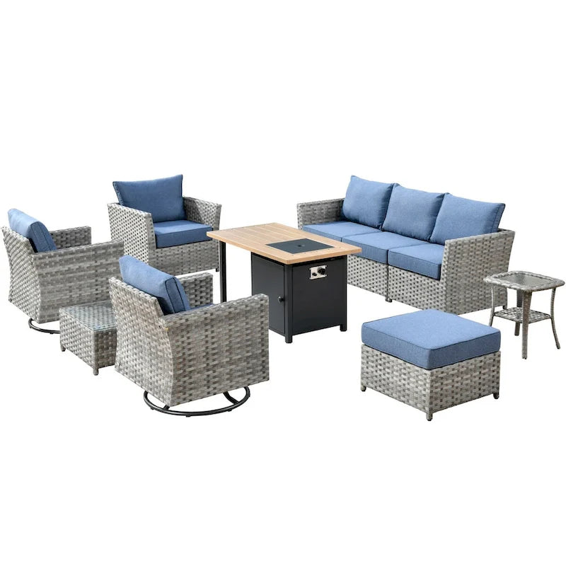 XIZZI 10-piece Outdoor Patio Furniture Rattan Wicker Conversation Sofa Set with Fire Pit