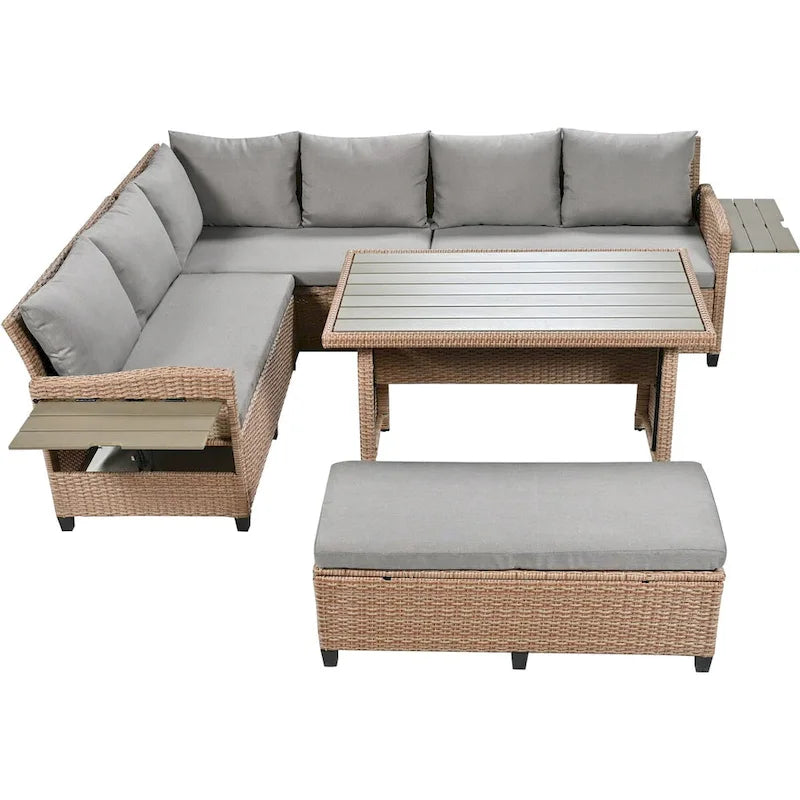Brown 5-Piece Outdoor Patio PE Wicker Rattan L-Shaped Sectional Sofa Set