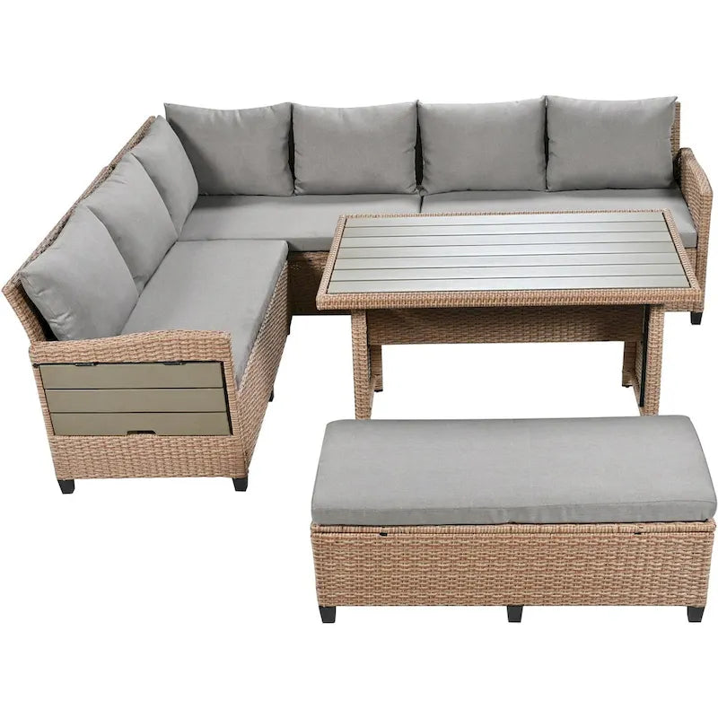 Brown 5-Piece Outdoor Patio PE Wicker Rattan L-Shaped Sectional Sofa Set