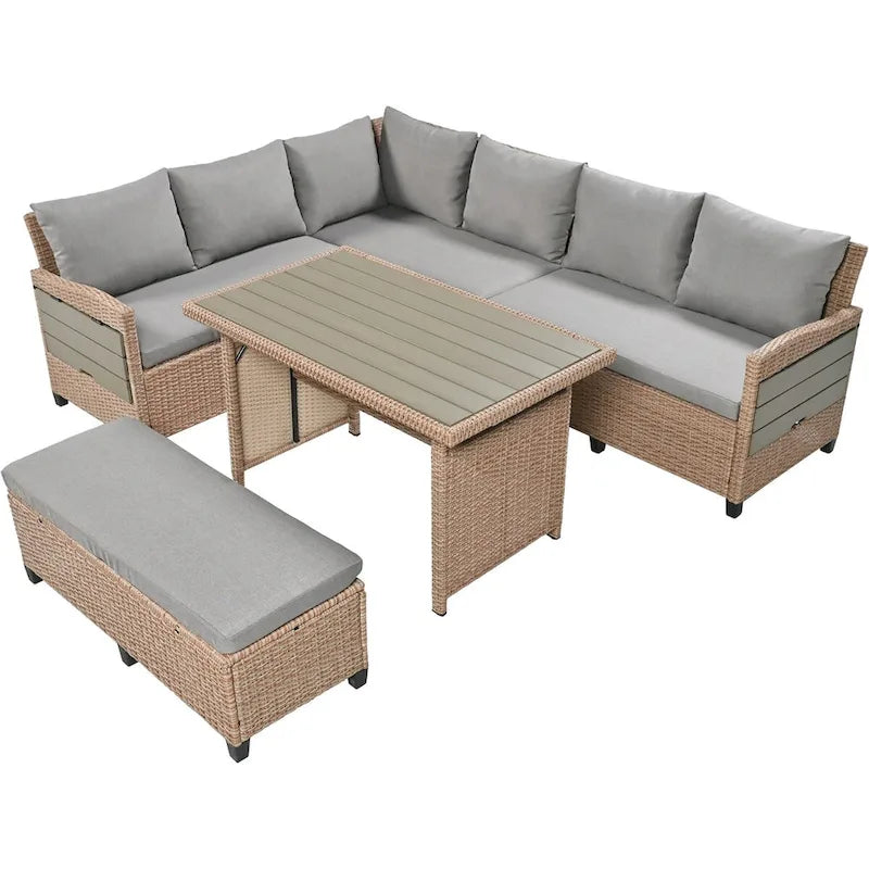 Brown 5-Piece Outdoor Patio PE Wicker Rattan L-Shaped Sectional Sofa Set