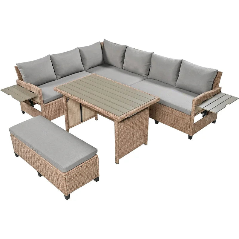Brown 5-Piece Outdoor Patio PE Wicker Rattan L-Shaped Sectional Sofa Set