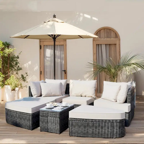 6-Piece Wicker Outdoor Sectional Conversation Set with Cushions - 2Corner Sofas&1Single Sofa&2Ottomans&1Table