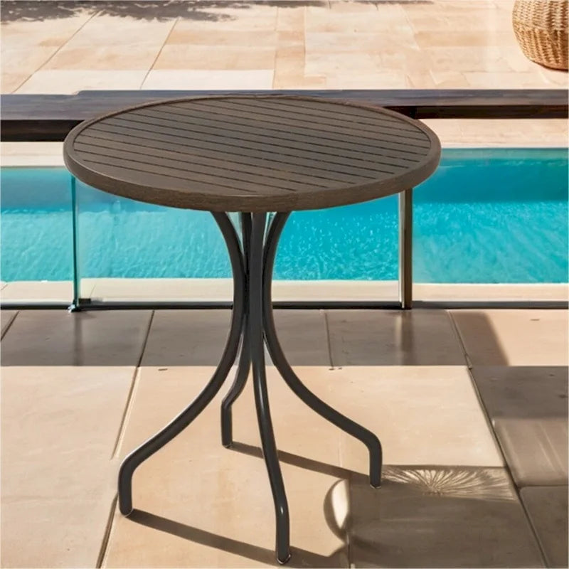 Outdoor Round Side Table with Steel Frame and Slat Tabletop