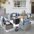HOOOWOOO 8-piece Grey Wicker Outdoor Patio Furniture Sectional Set with Fire Pit