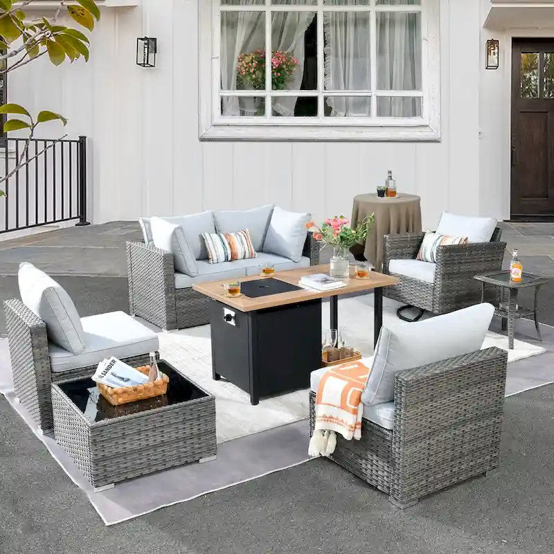 HOOOWOOO 8-piece Grey Wicker Outdoor Patio Furniture Sectional Set with Fire Pit