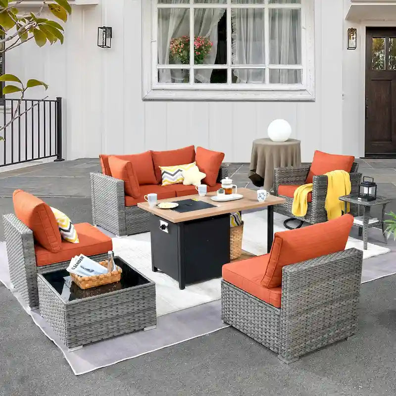 HOOOWOOO 8-piece Grey Wicker Outdoor Patio Furniture Sectional Set with Fire Pit