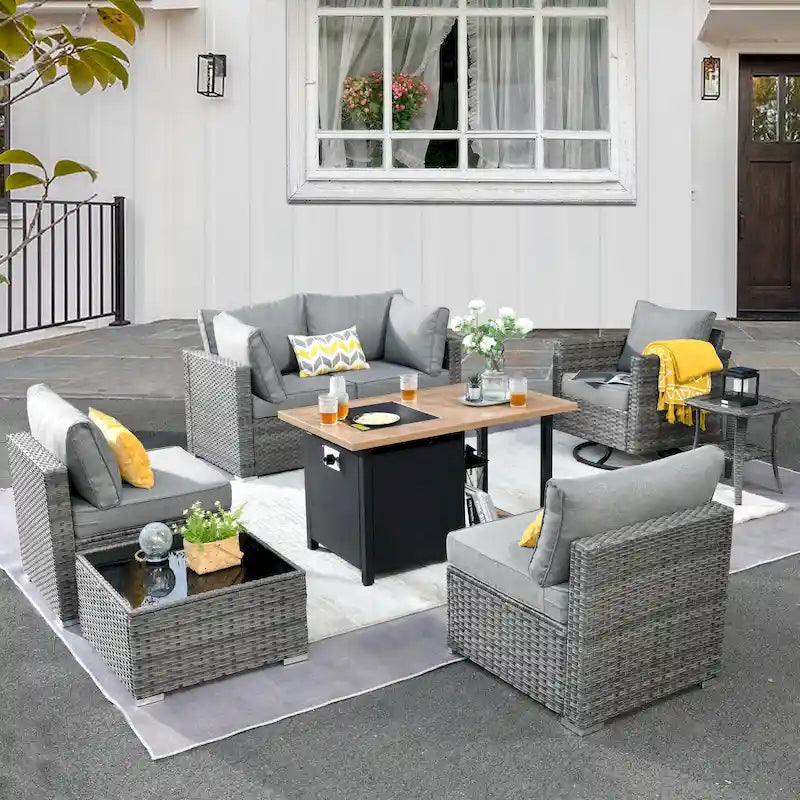 HOOOWOOO 8-piece Grey Wicker Outdoor Patio Furniture Sectional Set with Fire Pit