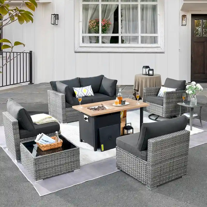 HOOOWOOO 8-piece Grey Wicker Outdoor Patio Furniture Sectional Set with Fire Pit