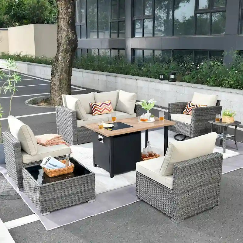 HOOOWOOO 8-piece Grey Wicker Outdoor Patio Furniture Sectional Set with Fire Pit
