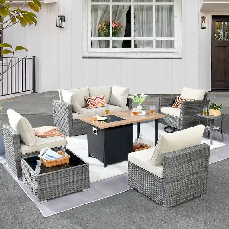 HOOOWOOO 8-piece Grey Wicker Outdoor Patio Furniture Sectional Set with Fire Pit