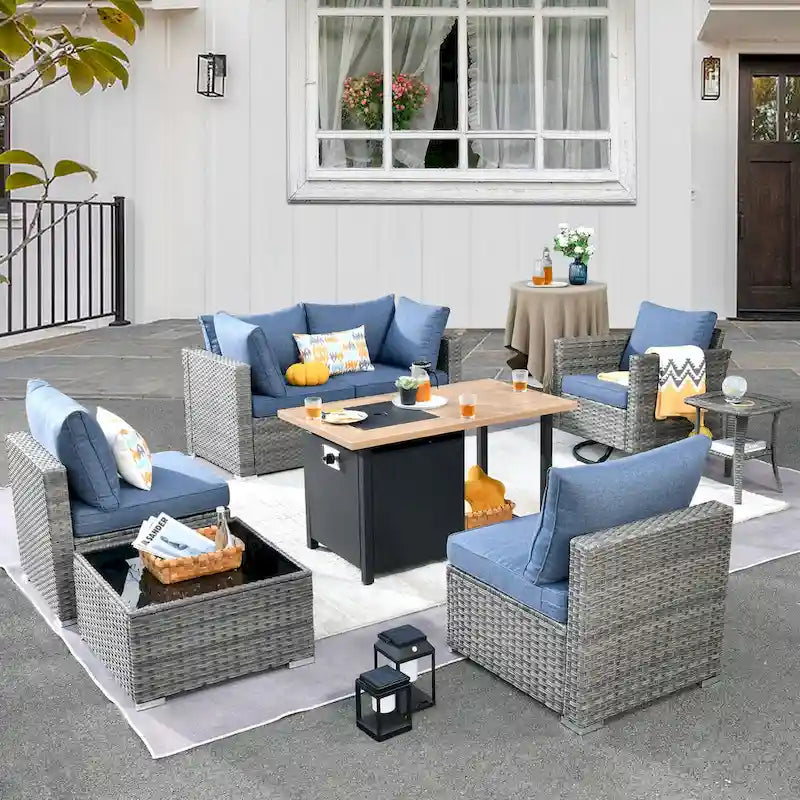 HOOOWOOO 8-piece Grey Wicker Outdoor Patio Furniture Sectional Set with Fire Pit