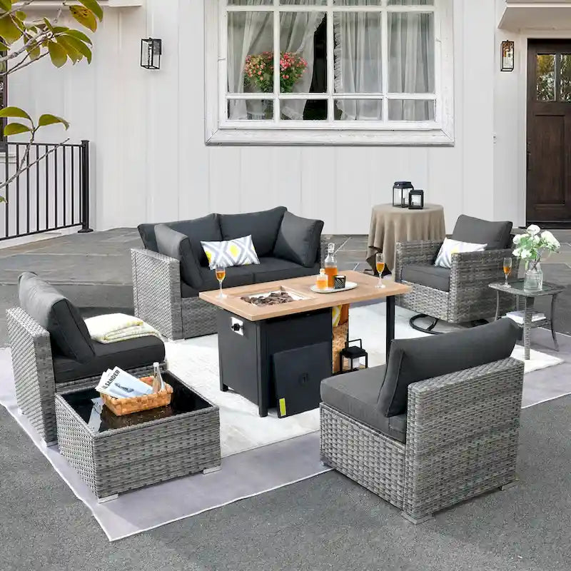HOOOWOOO 8-piece Grey Wicker Outdoor Patio Furniture Sectional Set with Fire Pit