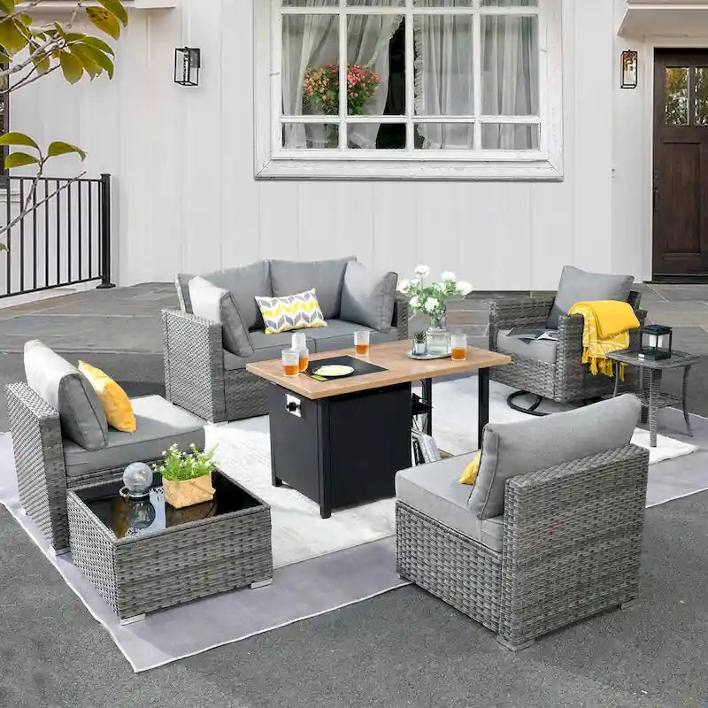HOOOWOOO 8-piece Grey Wicker Outdoor Patio Furniture Sectional Set with Fire Pit