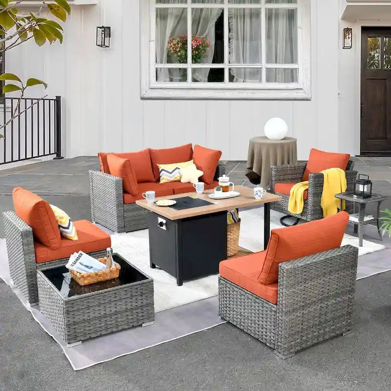 HOOOWOOO 8-piece Grey Wicker Outdoor Patio Furniture Sectional Set with Fire Pit