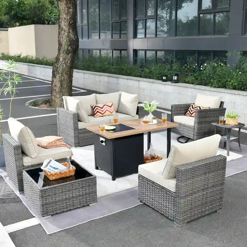 HOOOWOOO 8-piece Grey Wicker Outdoor Patio Furniture Sectional Set with Fire Pit