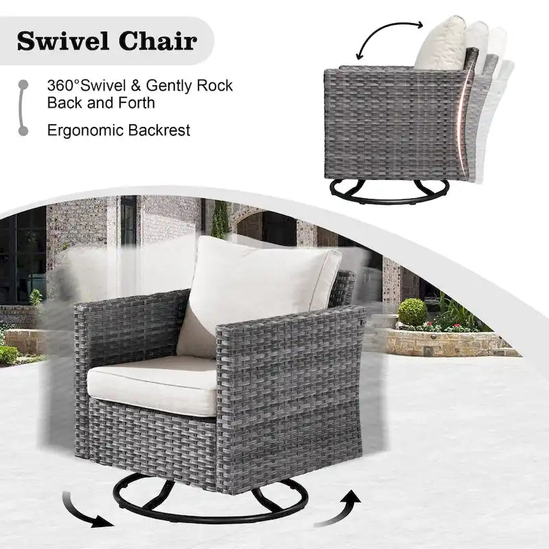 HOOOWOOO 8-piece Grey Wicker Outdoor Patio Furniture Sectional Set with Fire Pit