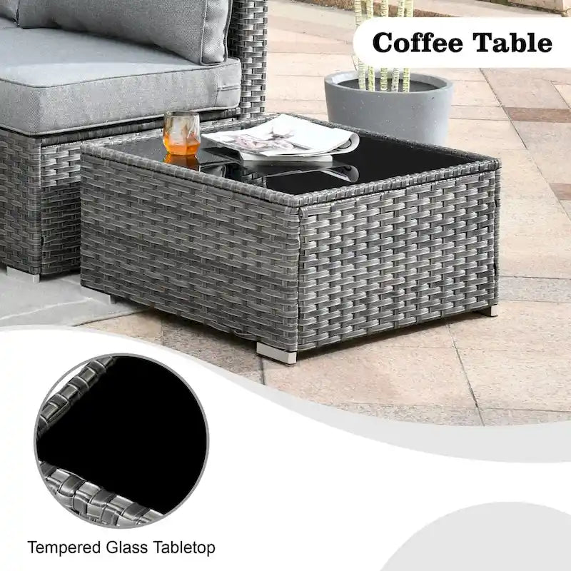HOOOWOOO 8-piece Grey Wicker Outdoor Patio Furniture Sectional Set with Fire Pit