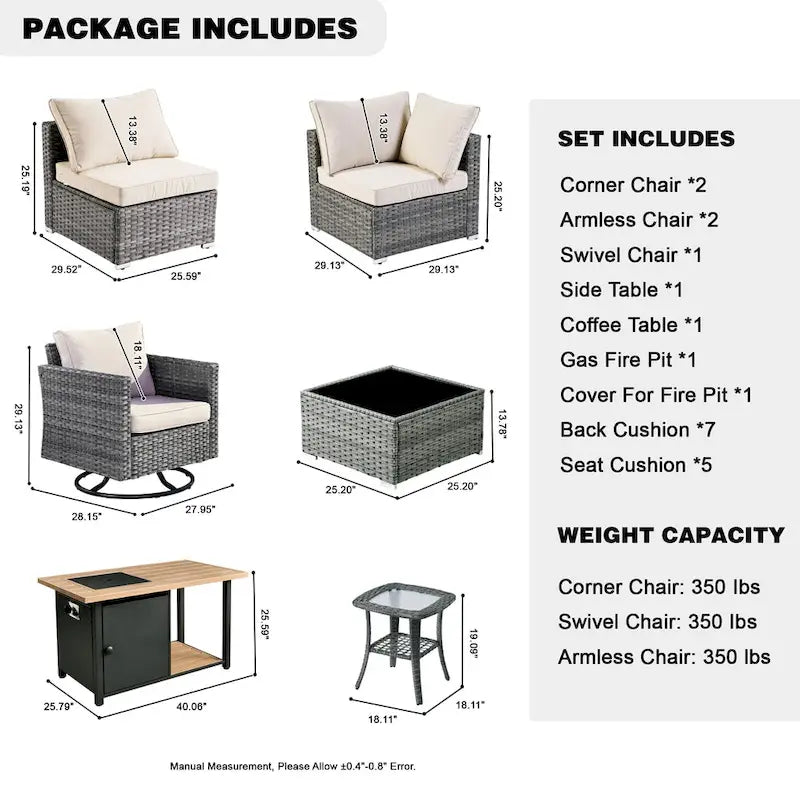 HOOOWOOO 8-piece Grey Wicker Outdoor Patio Furniture Sectional Set with Fire Pit