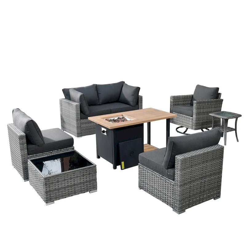 HOOOWOOO 8-piece Grey Wicker Outdoor Patio Furniture Sectional Set with Fire Pit