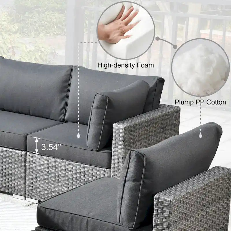 HOOOWOOO 8-piece Grey Wicker Outdoor Patio Furniture Sectional Set with Fire Pit