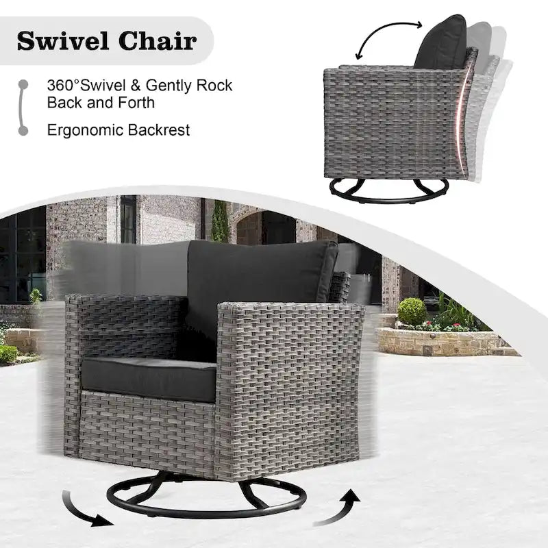 HOOOWOOO 8-piece Grey Wicker Outdoor Patio Furniture Sectional Set with Fire Pit