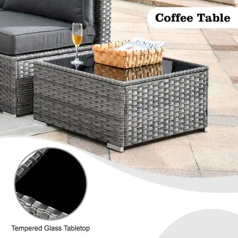 HOOOWOOO 8-piece Grey Wicker Outdoor Patio Furniture Sectional Set with Fire Pit