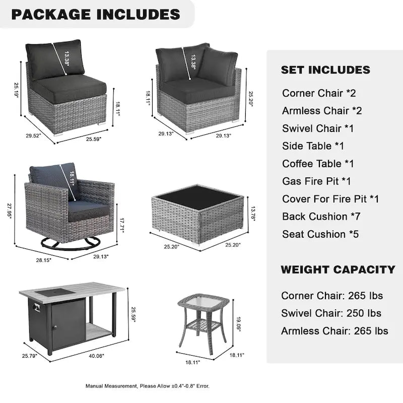 HOOOWOOO 8-piece Grey Wicker Outdoor Patio Furniture Sectional Set with Fire Pit