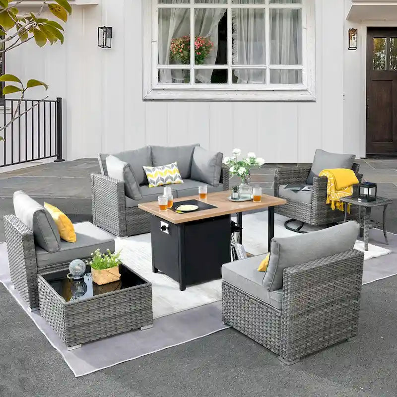 HOOOWOOO 8-piece Grey Wicker Outdoor Patio Furniture Sectional Set with Fire Pit