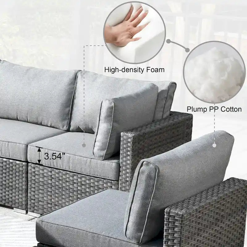 HOOOWOOO 8-piece Grey Wicker Outdoor Patio Furniture Sectional Set with Fire Pit