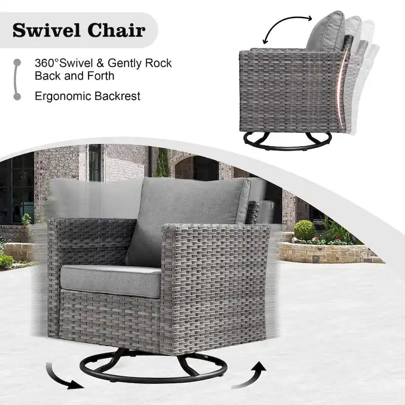 HOOOWOOO 8-piece Grey Wicker Outdoor Patio Furniture Sectional Set with Fire Pit
