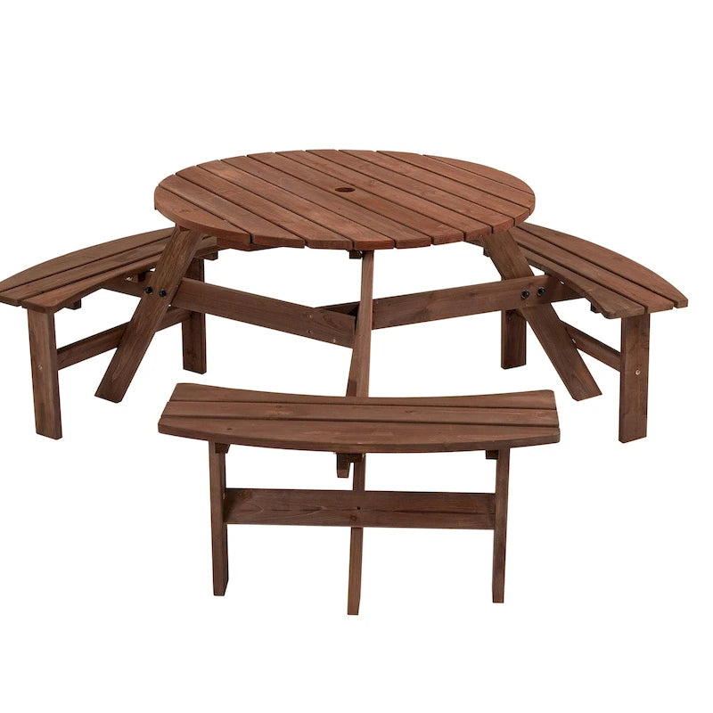 6-Person Circular Outdoor Wooden Picnic Table for Patio