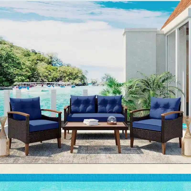 Comfortable 4-Piece Outdoor Patio Seating Set with PE Rattan Sofa and Wood Table - Blue and Beige, Water-Resistant Cushions
