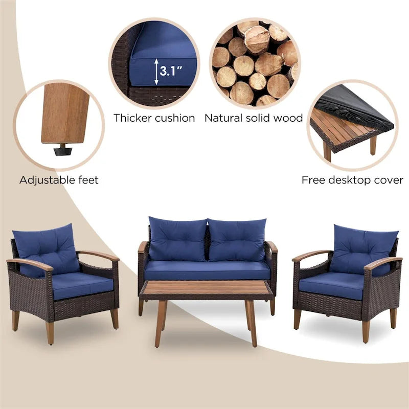 Comfortable 4-Piece Outdoor Patio Seating Set with PE Rattan Sofa and Wood Table - Blue and Beige, Water-Resistant Cushions