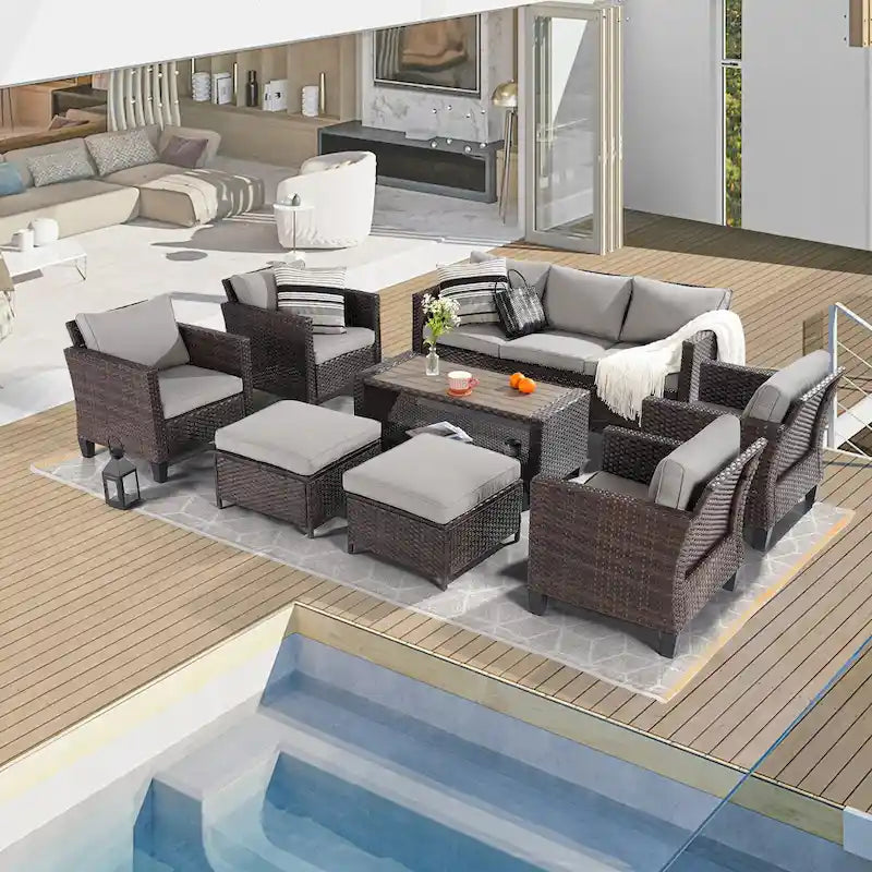 BONOSUKI 8-Piece Patio Sofa Set Brown Rattan Furniture Set w/Ottomans