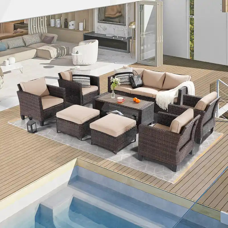 BONOSUKI 8-Piece Patio Sofa Set Brown Rattan Furniture Set w/Ottomans