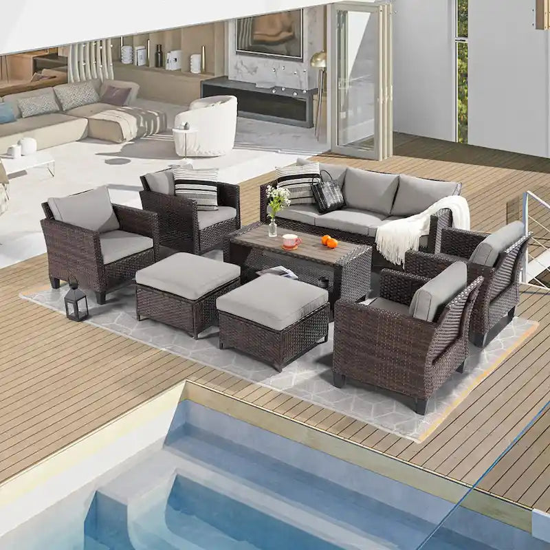 BONOSUKI 8-Piece Patio Sofa Set Brown Rattan Furniture Set w/Ottomans