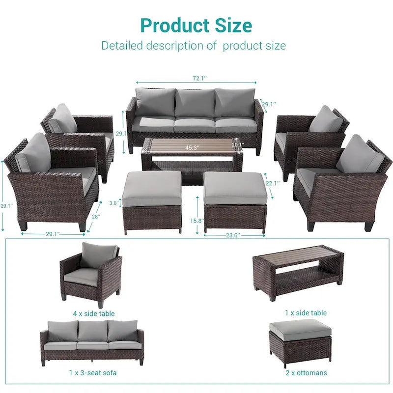 BONOSUKI 8-Piece Patio Sofa Set Brown Rattan Furniture Set w/Ottomans