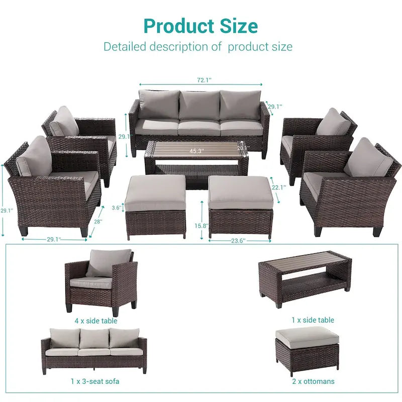 BONOSUKI 8-Piece Patio Sofa Set Brown Rattan Furniture Set w/Ottomans