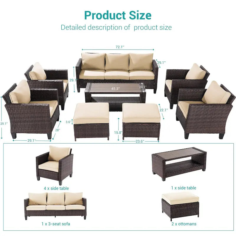 BONOSUKI 8-Piece Patio Sofa Set Brown Rattan Furniture Set w/Ottomans