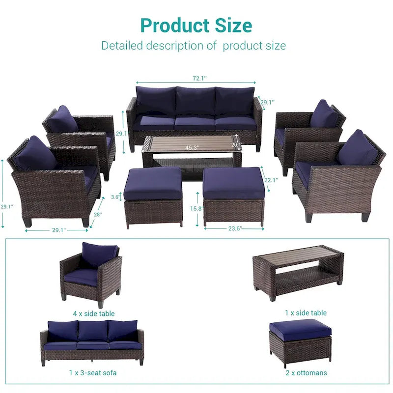 BONOSUKI 8-Piece Patio Sofa Set Brown Rattan Furniture Set w/Ottomans