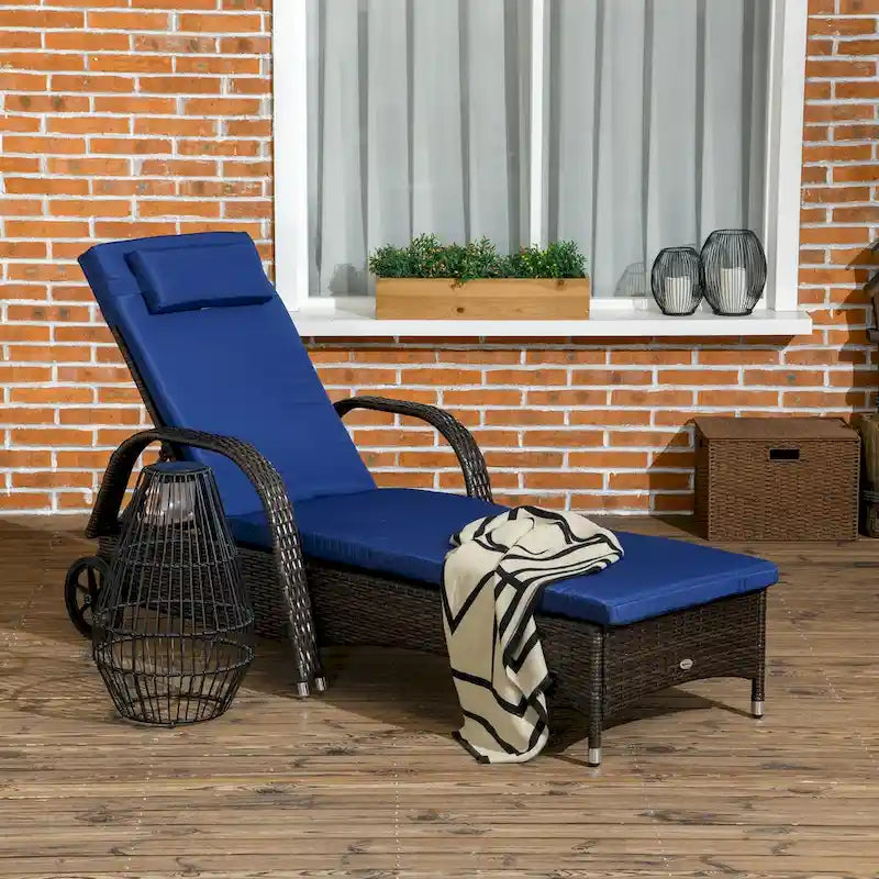 Outdoor Chaise Lounge,5-Level Adjustable Backrest & Wheels,Easy Movement,Dark Blue