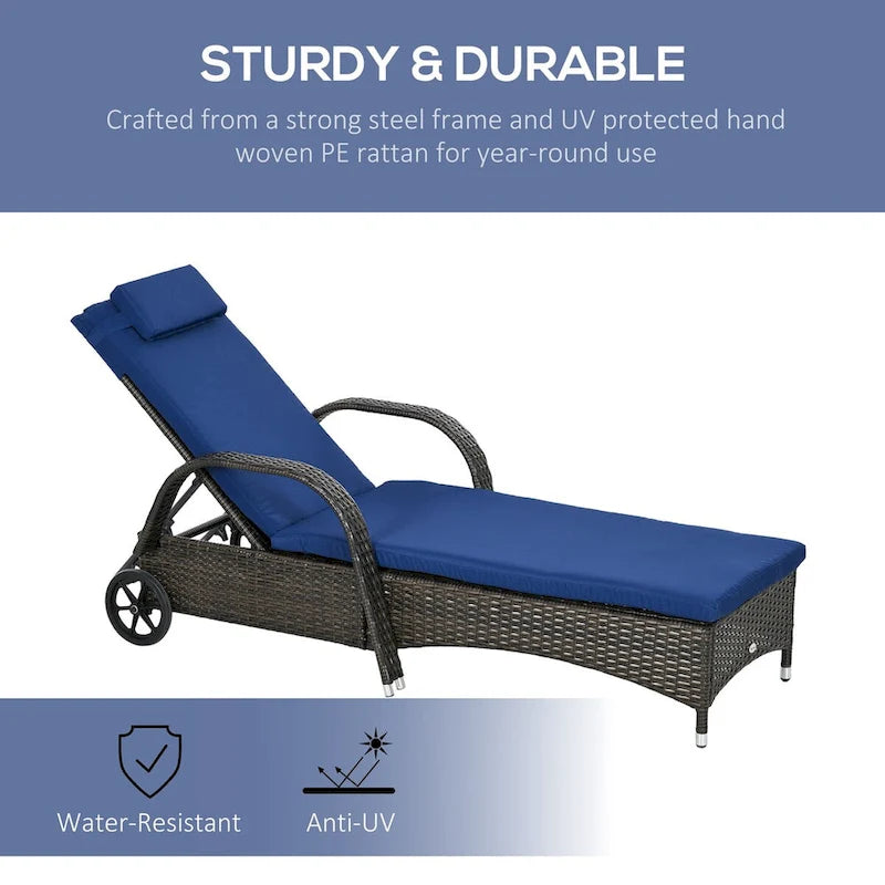Outdoor Chaise Lounge,5-Level Adjustable Backrest & Wheels,Easy Movement,Dark Blue