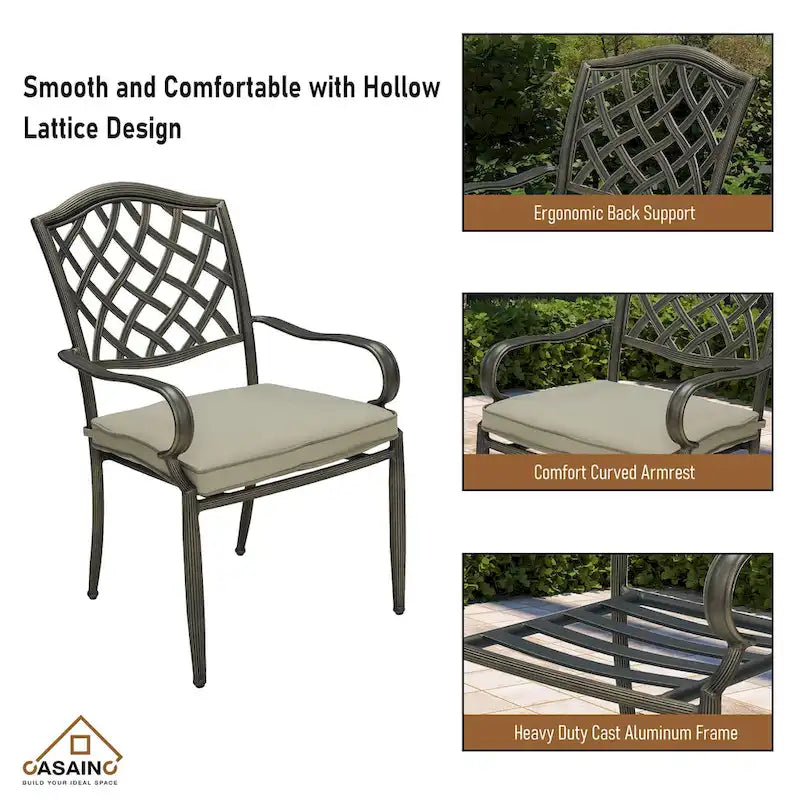 4-Piece Brown Cast Aluminum Outdoor Arm Dining Chair Patio Bistro Chairs with Cushion